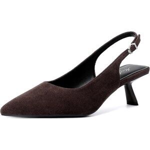 Mostrin Kitten Heels Darkbrown Suede Low Slingback Heels with Buckle Dress Shoes